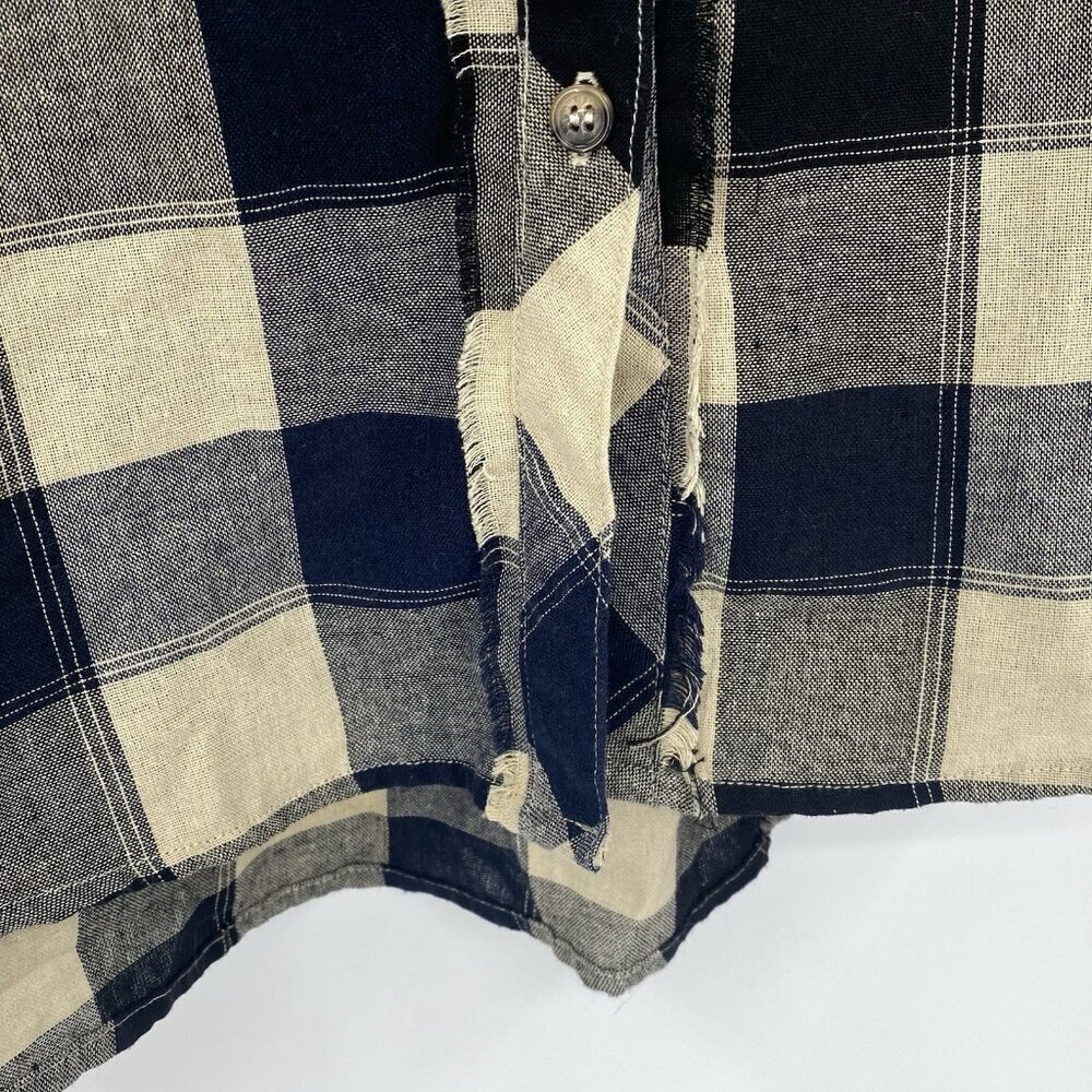 Easel Womens Small Plaid Frayed Oversized Shirt Beige Black Navy - Picture 7 of 10